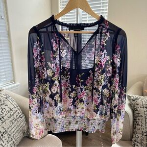 White House Black Market Blue Tie Front Smocked Blouse